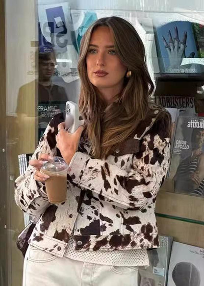 Cow Print Polyester Jacket With Chest Pockets