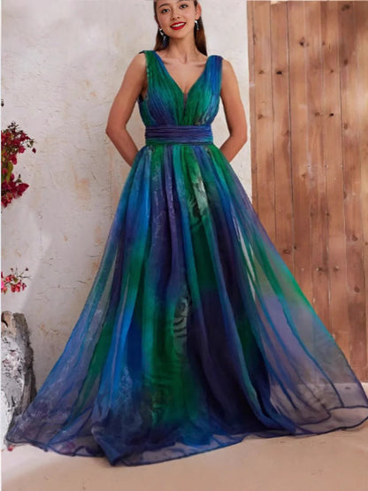 Floral Print Deep V-Neck Chiffon Maxi Dress For Women