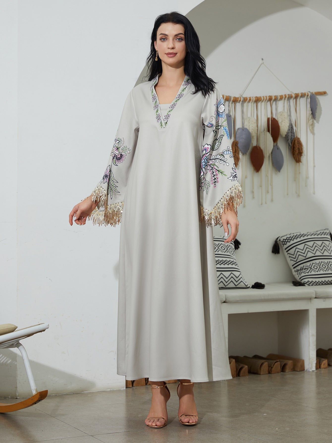 Arabic Printed Tassel Long Dress For Women