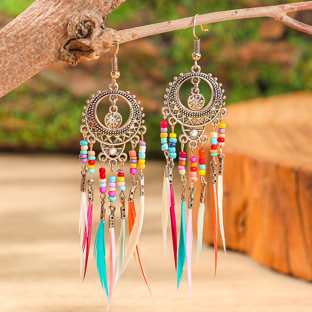 Bohemian Feather Tassel Earrings Vintage Geometric Design