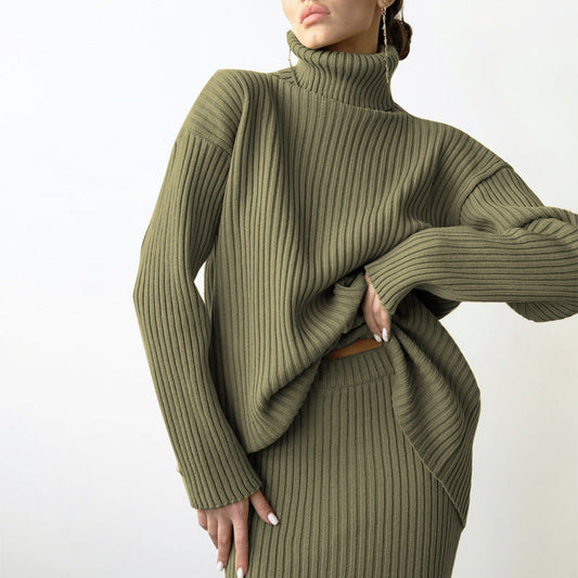 Ribbed Knit Turtleneck Sweater Midi Skirt Set