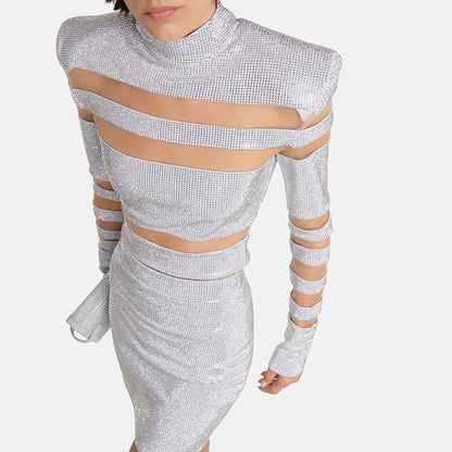 Fashionable Elegant Sequin Mesh Top And Skirt Outfit