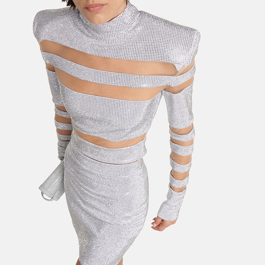 Fashionable Elegant Sequin Mesh Top And Skirt Outfit