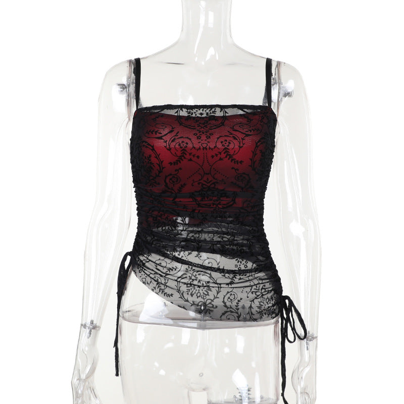 Dark Velvet Crop Top And Asymmetrical Lace Flare Pants Set
