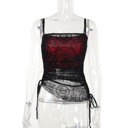 Dark Velvet Crop Top And Asymmetrical Lace Flare Pants Set