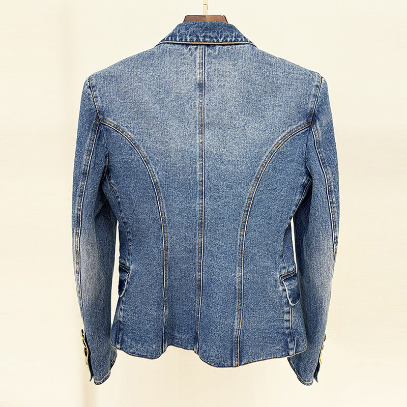 Slim Fit Double-Breasted Denim Blazer