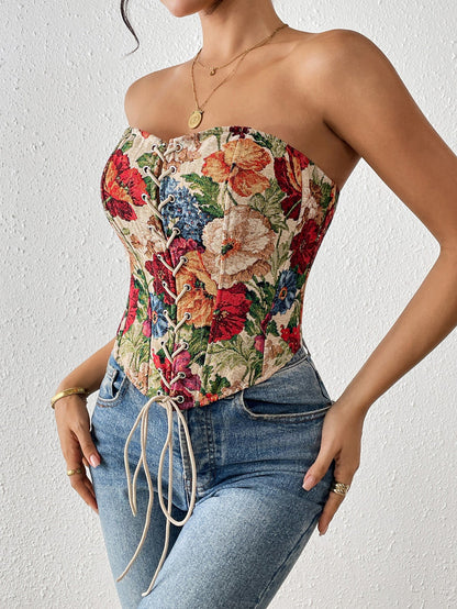 Chic Floral Print Strapless Camisole Top