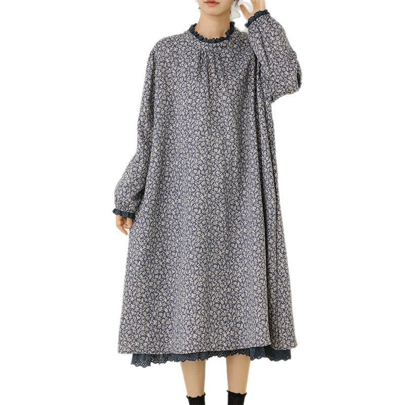Floral Print Long Sleeve Dress Casual A-Line Dress with Ruffled Neckline