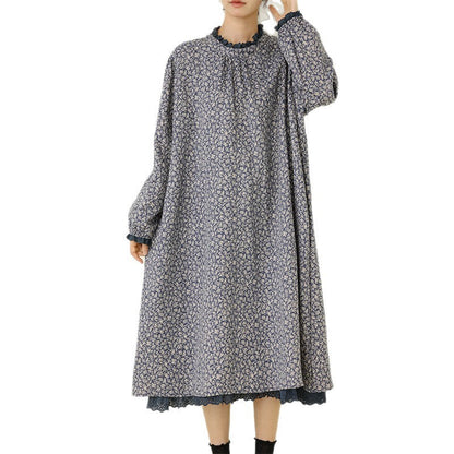 Floral Print Long Sleeve Dress Casual A-Line Dress with Ruffled Neckline