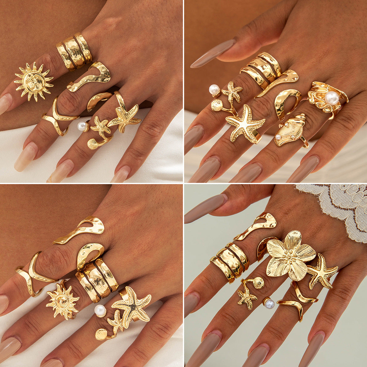 Bohemian Pearl Flower Ring Set Alloy Plating Metal Rings