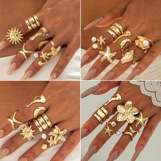 Bohemian Pearl Flower Ring Set Alloy Plating Metal Rings