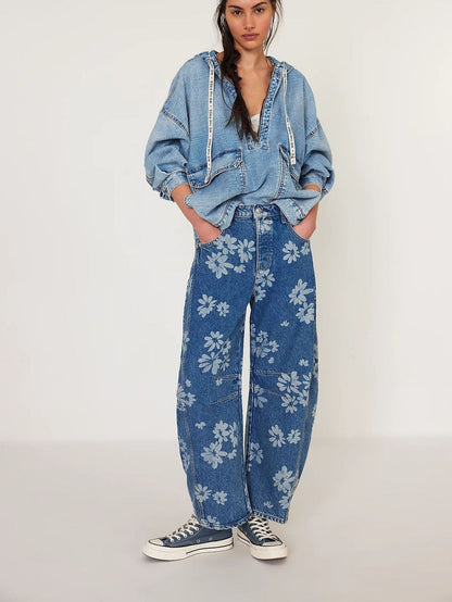 Casual Loose Mid-Rise Women's Denim Pants with Cartoon Patterns