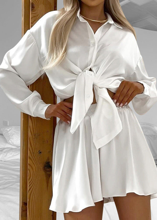 Two Piece Satin Lounge Set With Classic Collar
