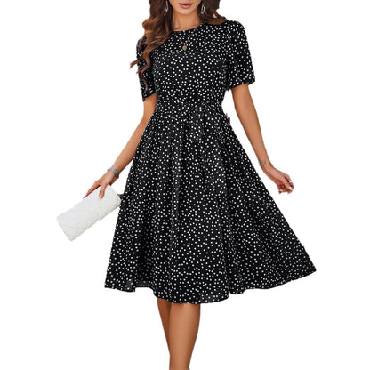 Polka Dot Tie Waist Long Dress Elegant Casual Dress