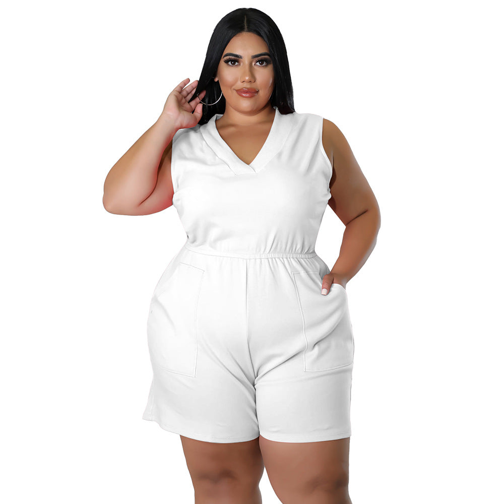 Plus Size V-Neck Solid Color Sleeveless Jumpsuit With Pockets