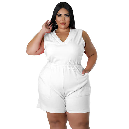 Plus Size V-Neck Solid Color Sleeveless Jumpsuit With Pockets