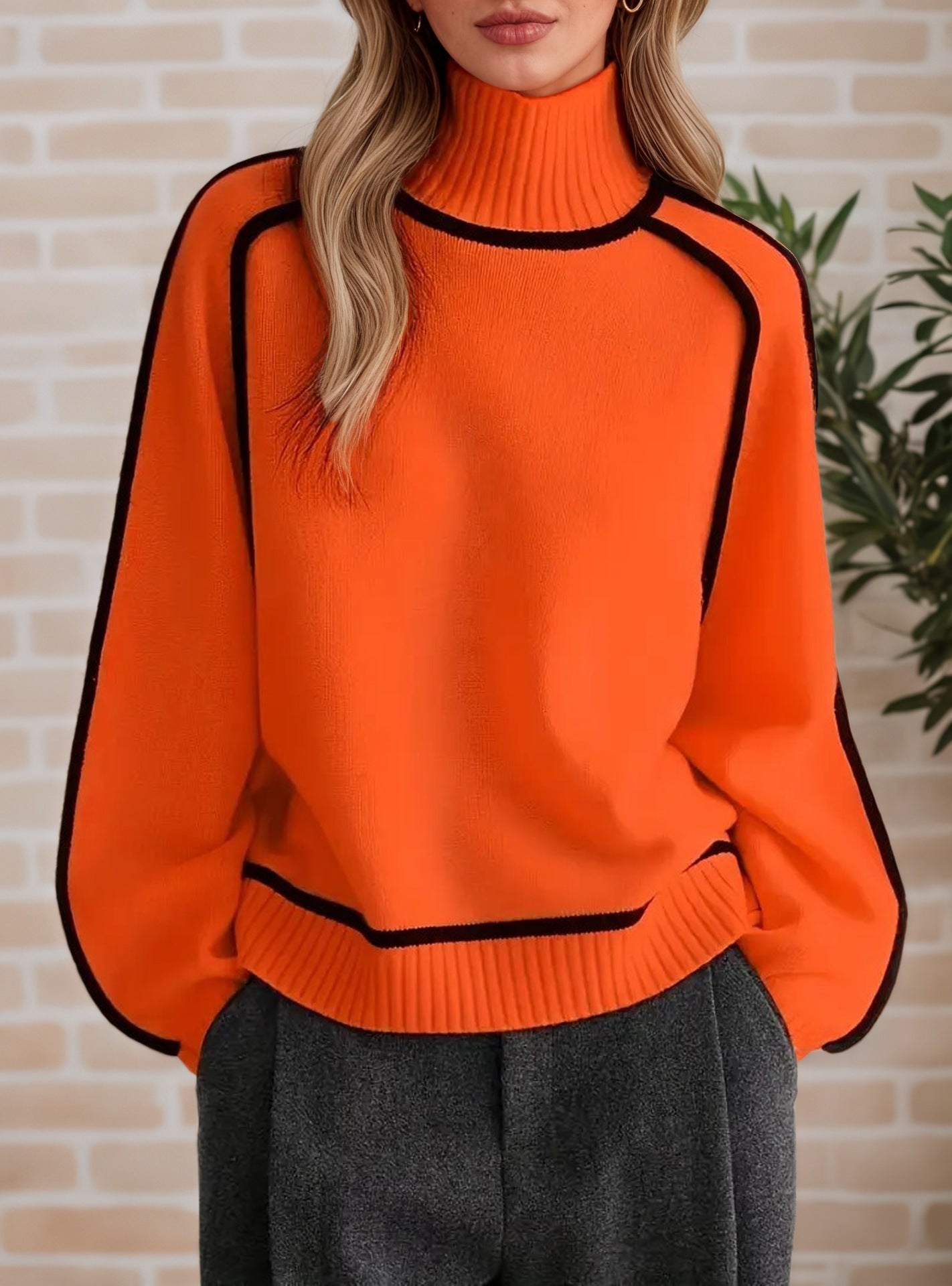 Elegant High Neck Ribbed Knit Sweater