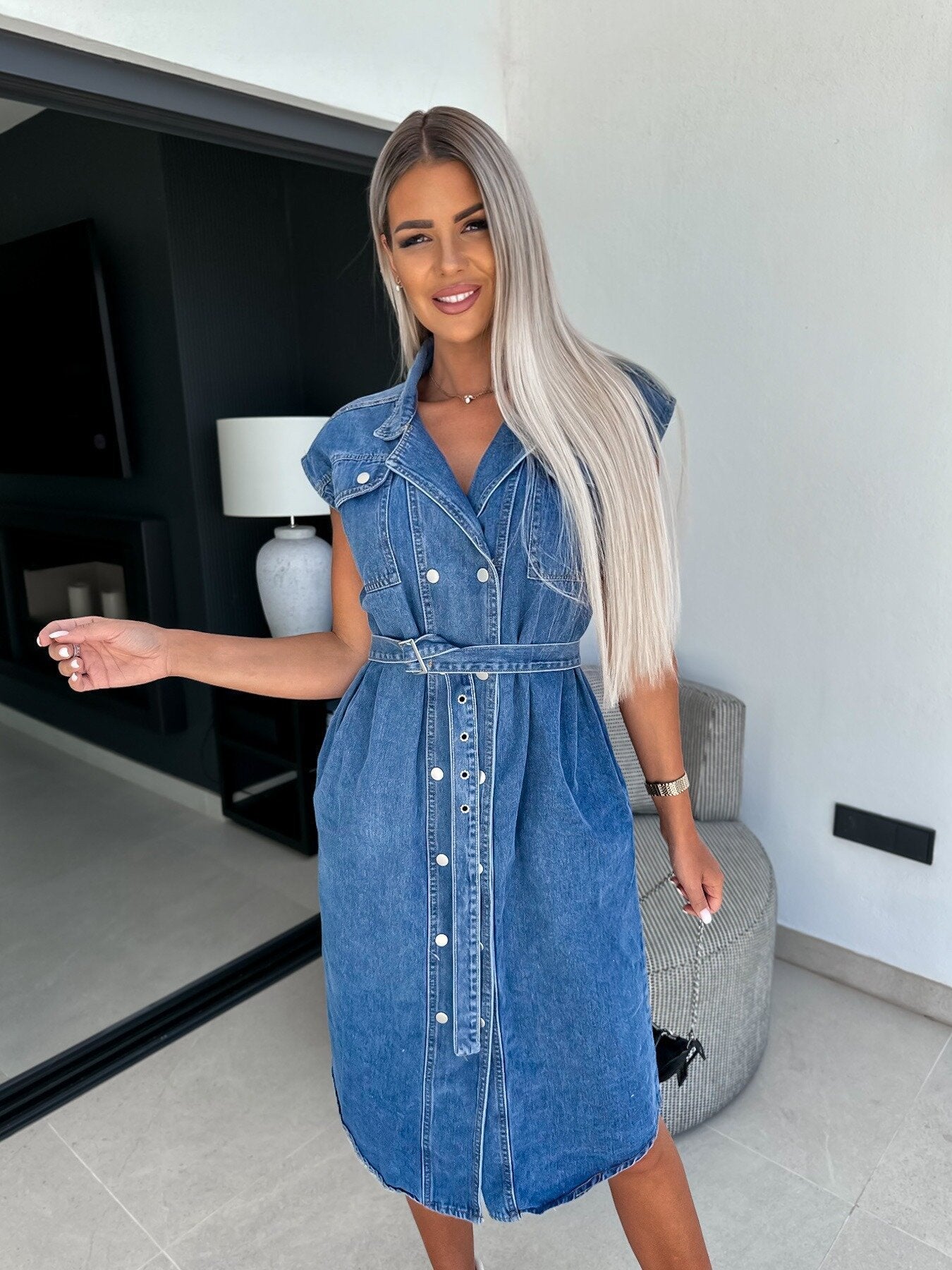 Casual Sleeveless Denim Dress with Polo Collar and Waist Tie