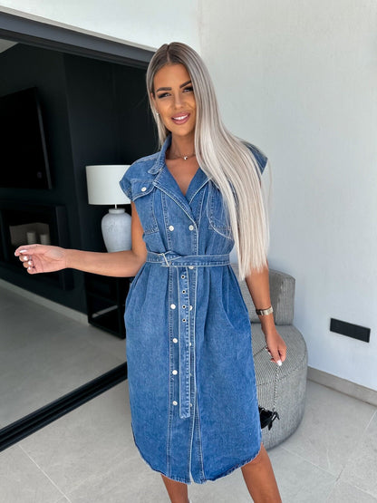 Casual Sleeveless Denim Dress with Polo Collar and Waist Tie