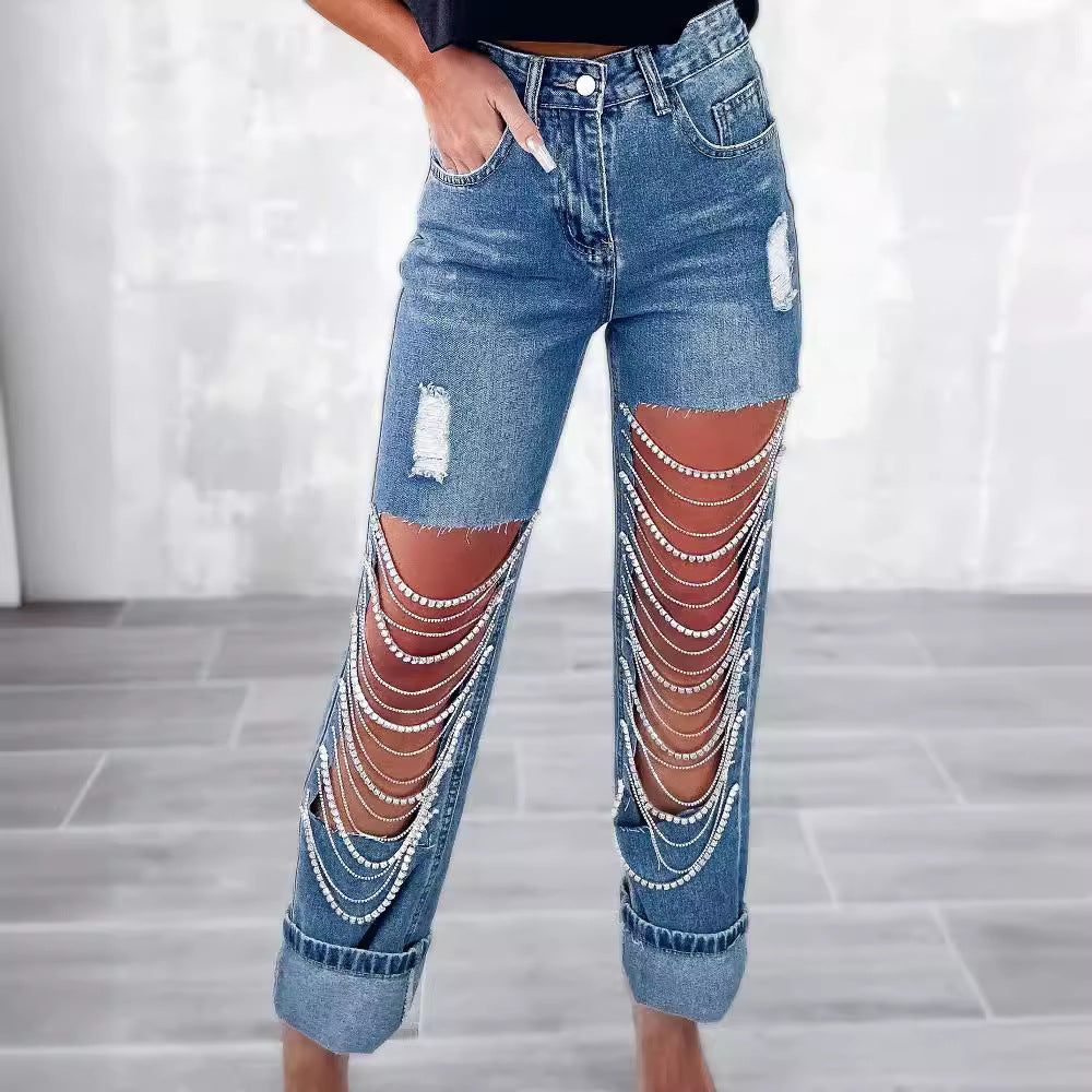 Distressed Denim Jeans with Chain Detail for Women