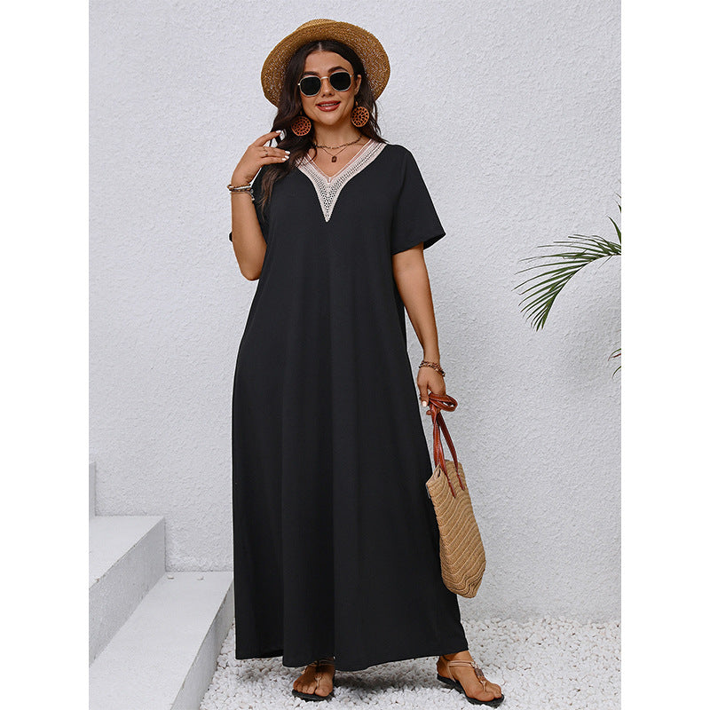 Plus Size V-Neck A-Line Dress Elegant Casual Black Dress