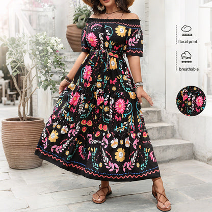 Elegant Color Block Printed Maxi Dress With Off-The-Shoulder Design