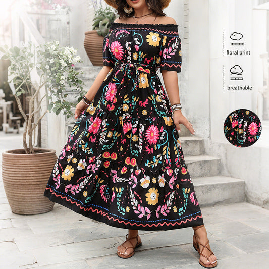 Elegant Color Block Printed Maxi Dress With Off-The-Shoulder Design