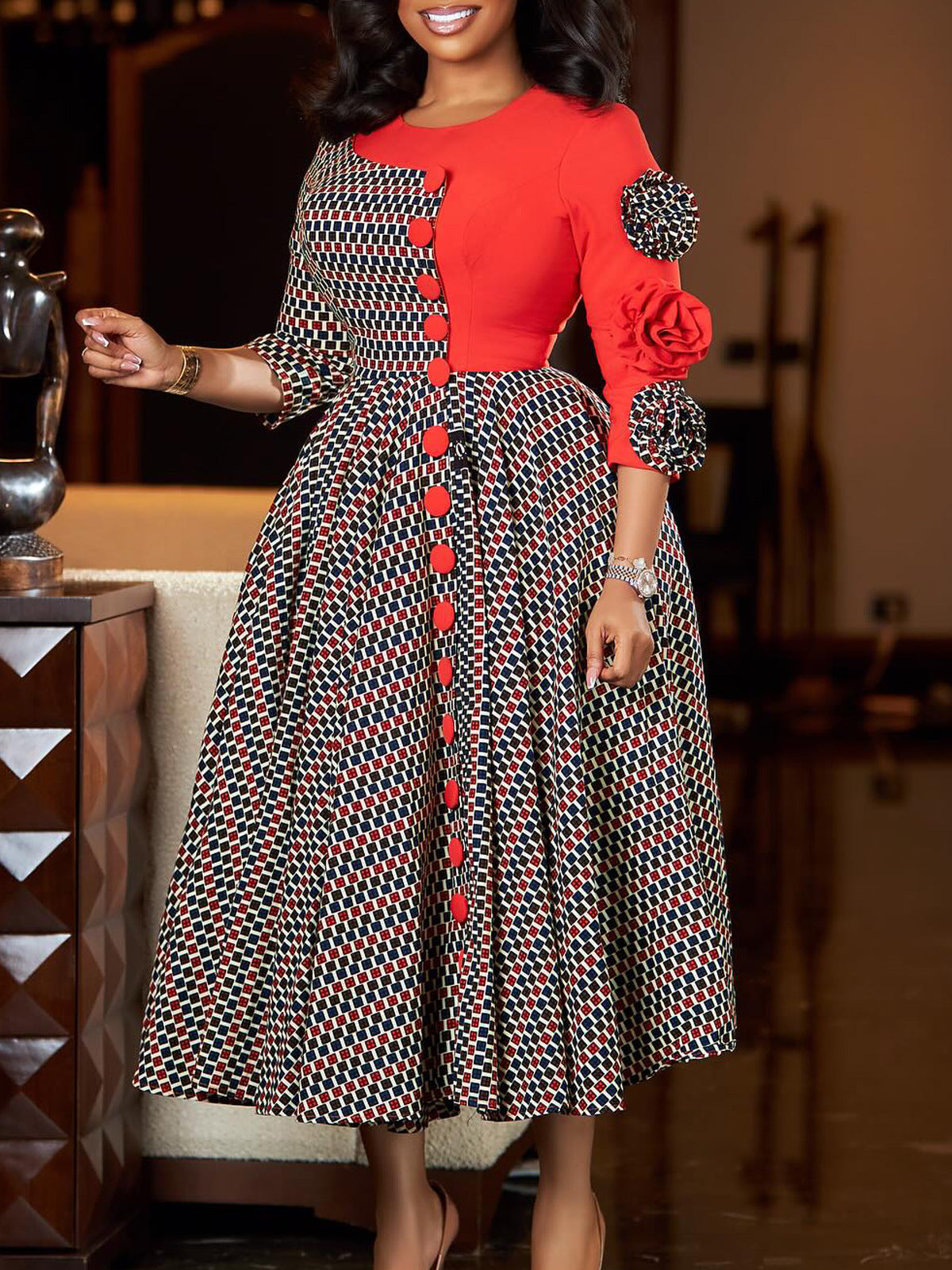 African Print Elegant A-Line Dress With Half Sleeves