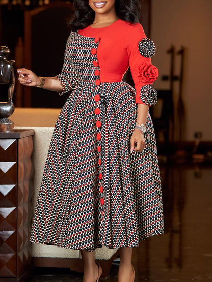 African Print Elegant A-Line Dress With Half Sleeves