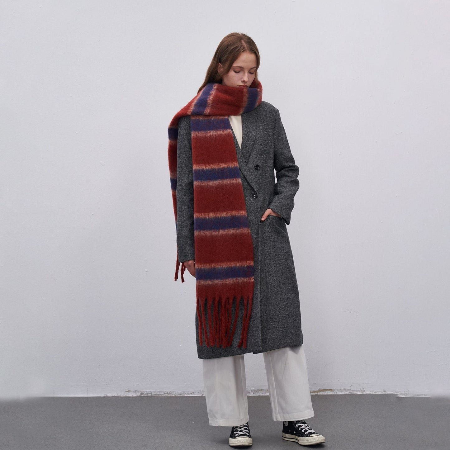 Color Block Striped Simple Tassel Knit Scarve