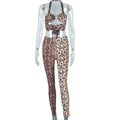 Trendy Leopard Print Two-Piece Set Sexy Crop Top And Long Pants