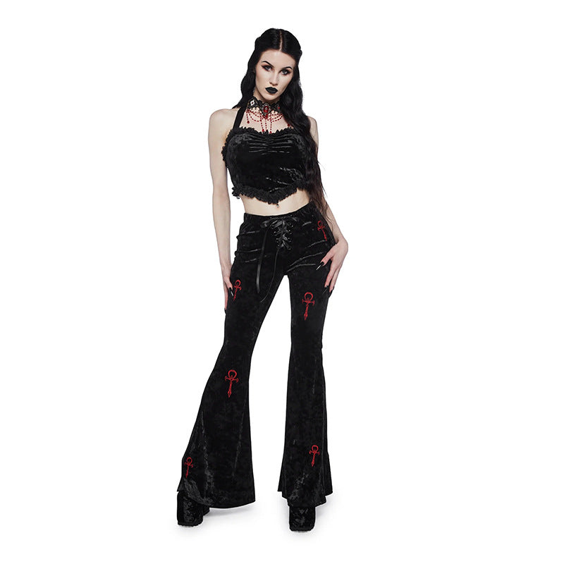 Casual High-Waisted Flare Pants with Cross Embroidery