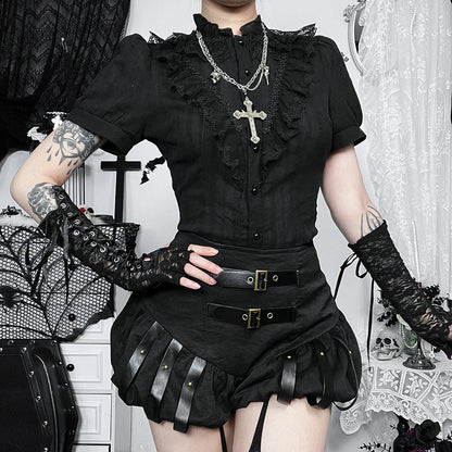 Steampunk Pumpkin High-Waisted Shorts with Leather Patches