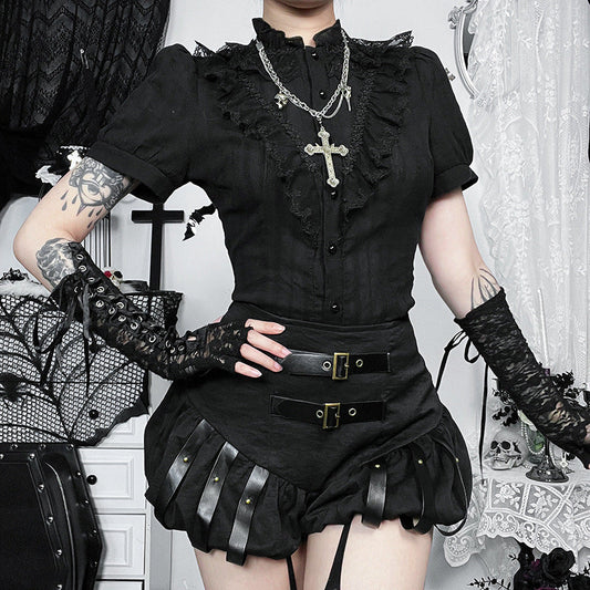 Steampunk Pumpkin High-Waisted Shorts with Leather Patches