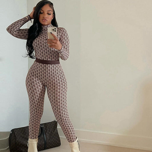 Fashion Printed Long Sleeve Jumpsuit For Women In Coffee