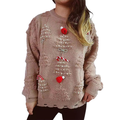 Solid Color Crew Neck Pearl Christmas Sweater