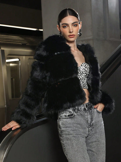 Faux Fur Hooded Zipper Jacket Casual Comfortable Coat