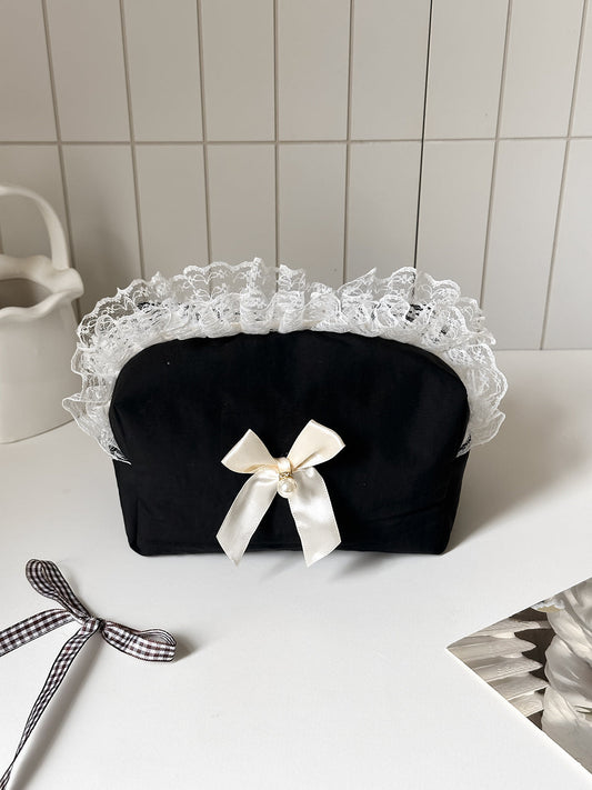 Elegant Black Lace Trim Storage Bag with Bow