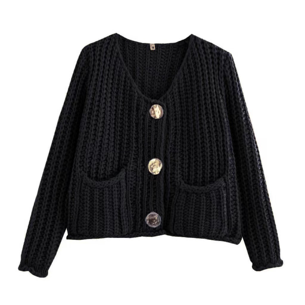 Chunky Knit V-Neck Button Down Crop Cardigan