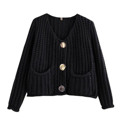 Chunky Knit V-Neck Button Down Crop Cardigan