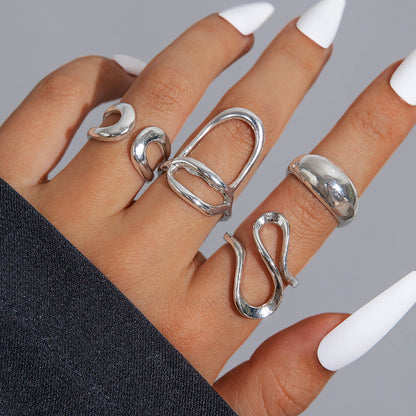 Elegant Irregular Geo Cutout Arc Ring Set - 4 Pieces