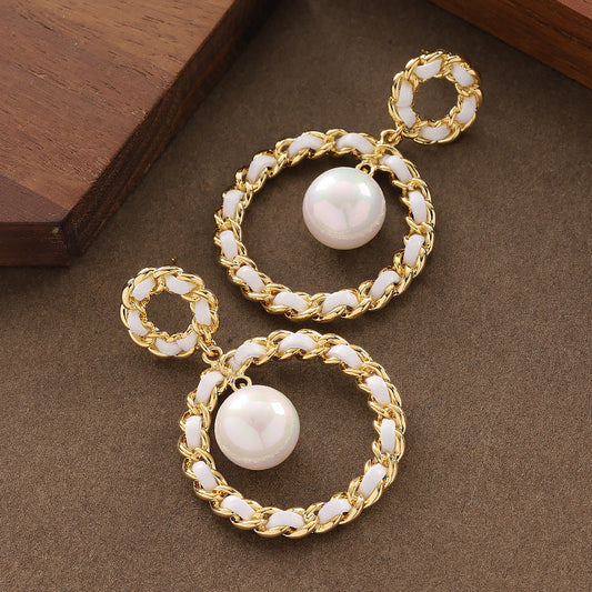 Elegant French Style Woven Leather Pearl Earrings