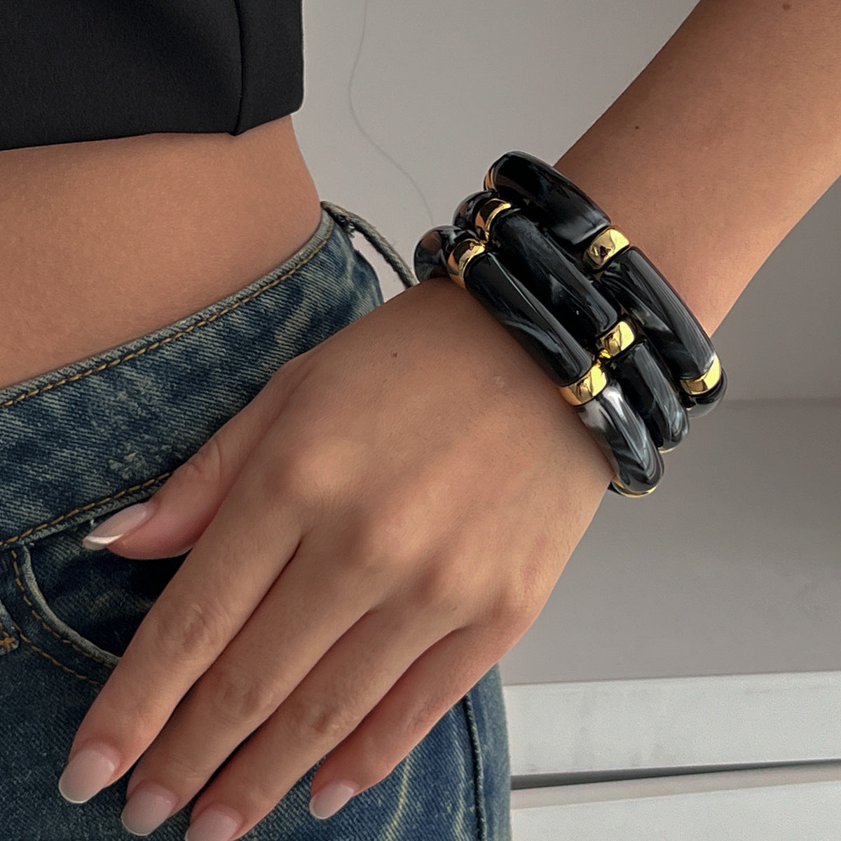 Trendy Beaded Bamboo Bracelets Set With Metallic Curved Tube Design
