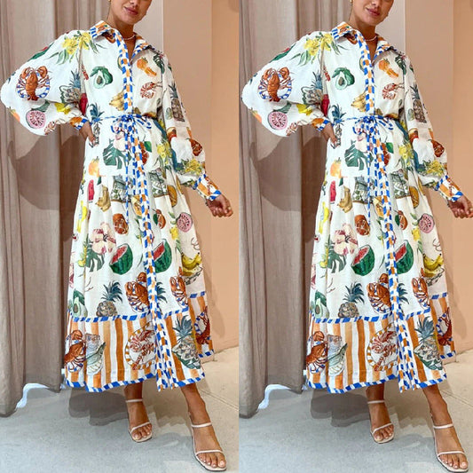 New Autumn Single-Breasted Graffiti Printed Lace Waist Dress