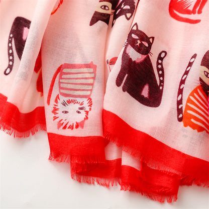 Spring And Autumn Sunscreen Cute Cat Paradise Printed Silk Scarf Satin Cotton Long Scarf