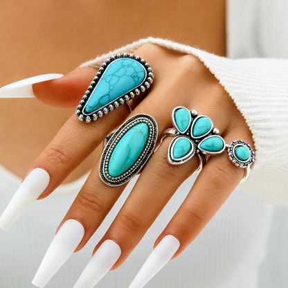 Bohemian Style Carved Feather Turquoise Ring Set