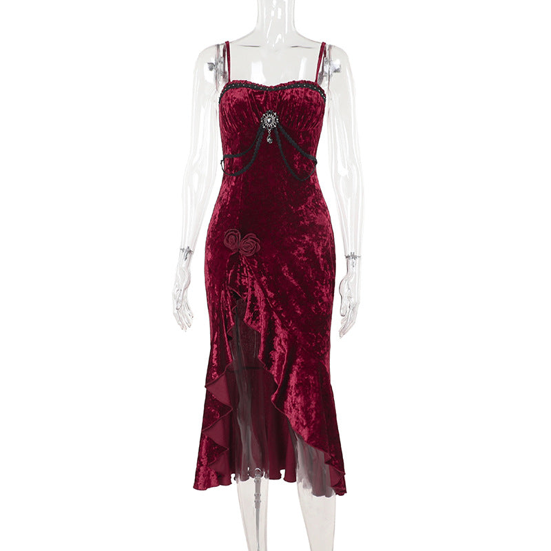 Burgundy Lace Ruffle Maxi Dress for Elegant Occasions