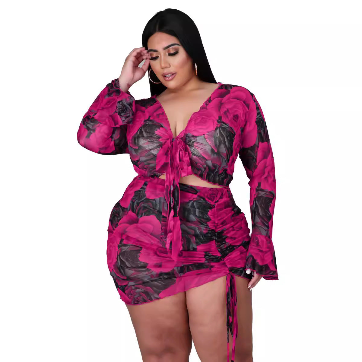 Floral Print Two-Piece Set With Drawstring Long Sleeve Polyester
