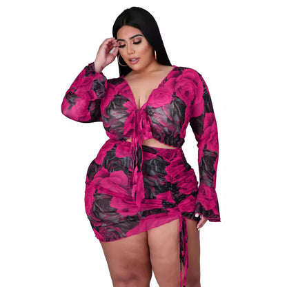 Floral Print Two-Piece Set With Drawstring Long Sleeve Polyester