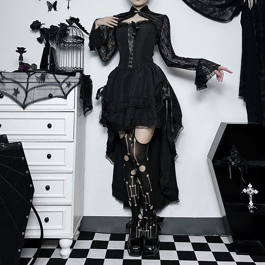 Gothic Style Black Draped Strapless Maxi Dress